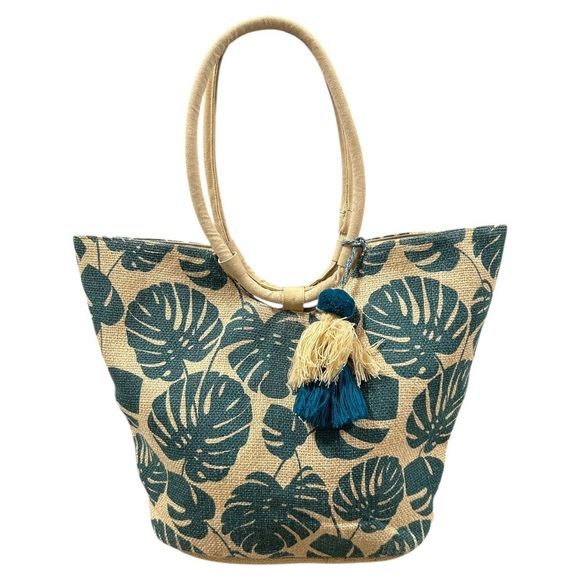 America and Beyond Handbags - America and Beyond 100% Jute Large Monstera Print Tote Bag